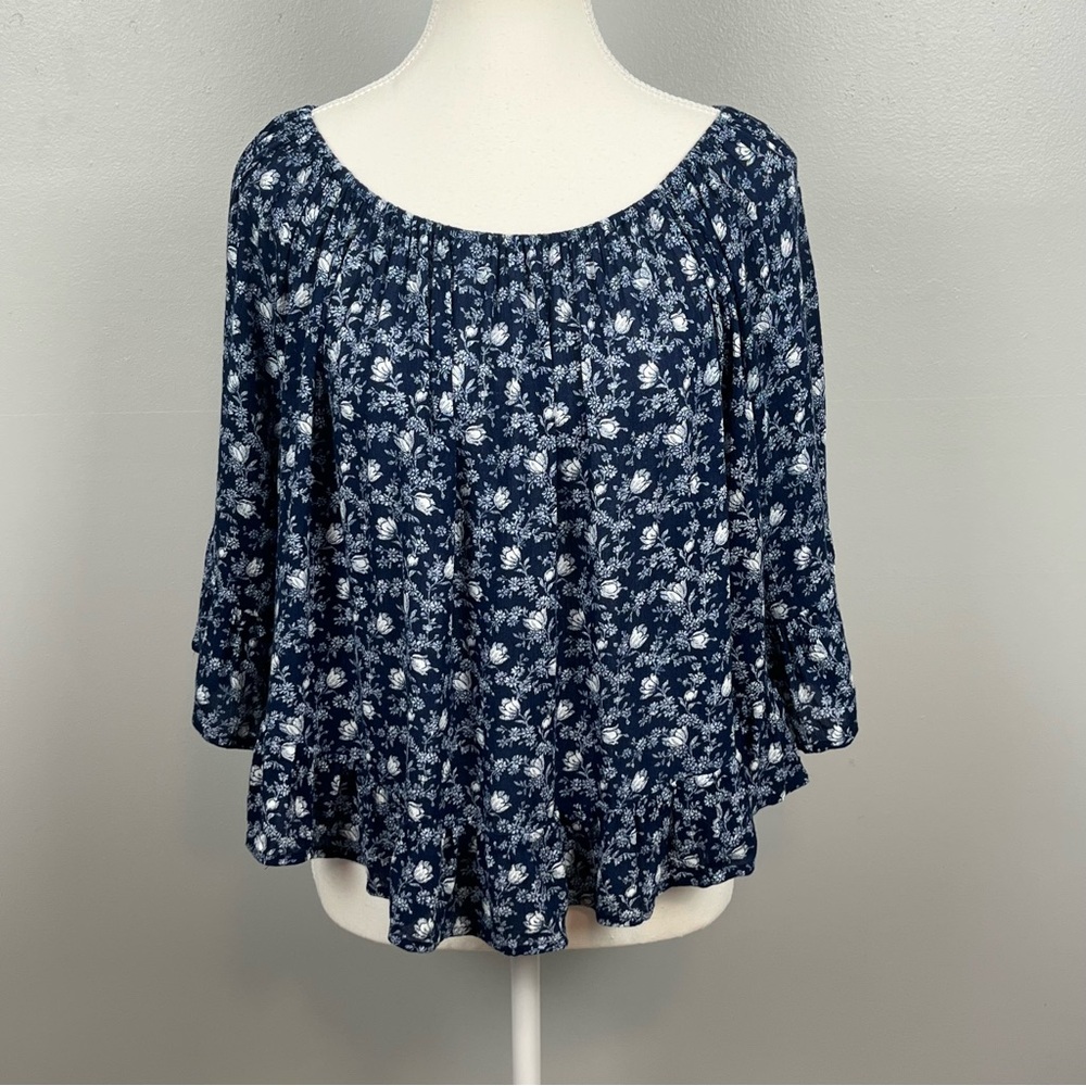 Denim & Supply Ralph Lauren blue floral ruffled high low blouse, small.